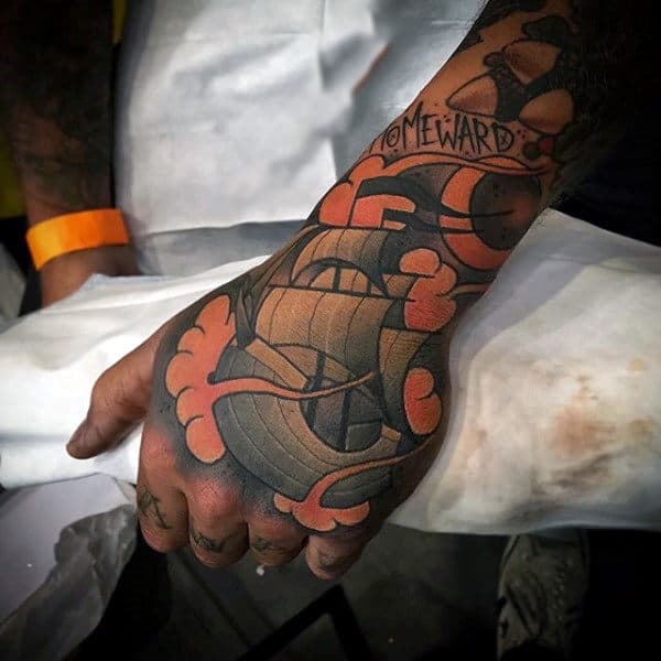 Sailing Ship Awesome Neo Traditional Male Tattoo On Hand And Wrist