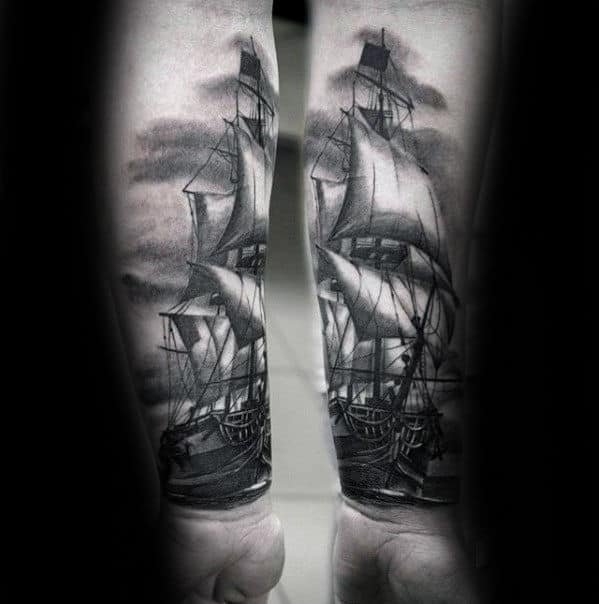 Sailing Ship Black And Grey Ink Mens 3d Tattoo On Forearm