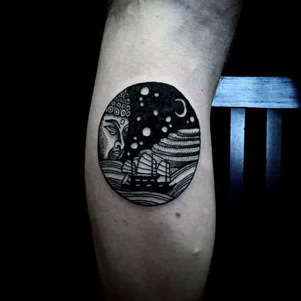 Sailing Ship Black Ink Moon Circle Mens Leg Tattoos