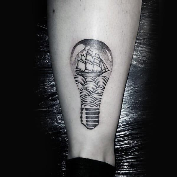Sailing Ship Dotwork Light Bulb Leg Tattoo For Guys