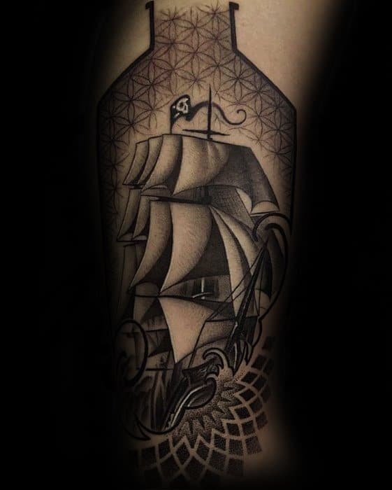 Sailing Ship Geometric Arm Male Tattoo Designs