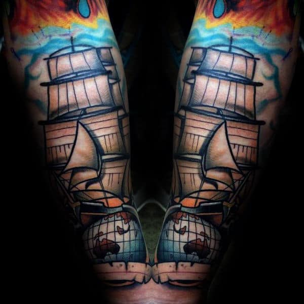 Sailing Ship Hot Air Ballon Male Globe Forearm Tattoos