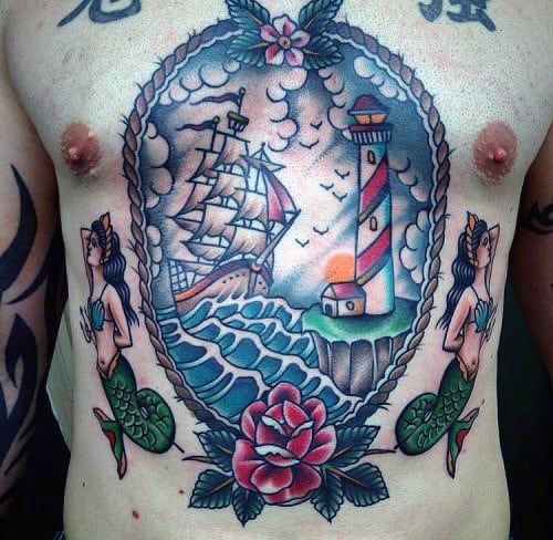 Sailing Ship In Seas With Lighthouse Guys Traditional Tattoo Ideas On Chest