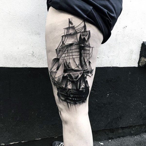 Sailing Ship Insane Thigh Tattoos For Males