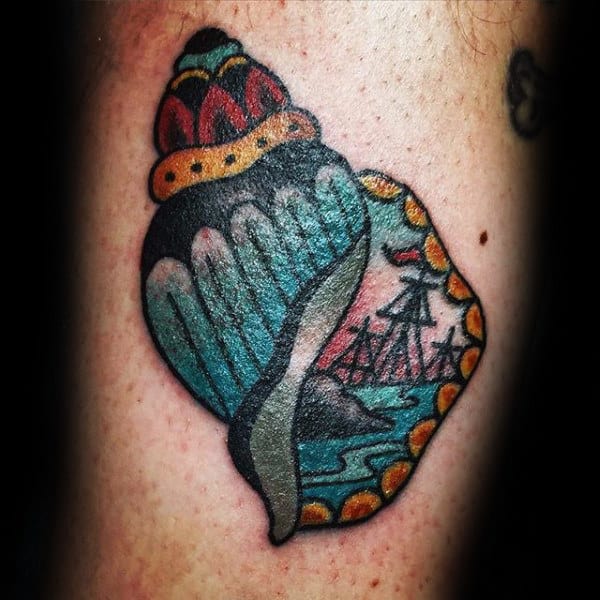 Sailing Ship Inside Seashell Mens Old School Arm Tattoos