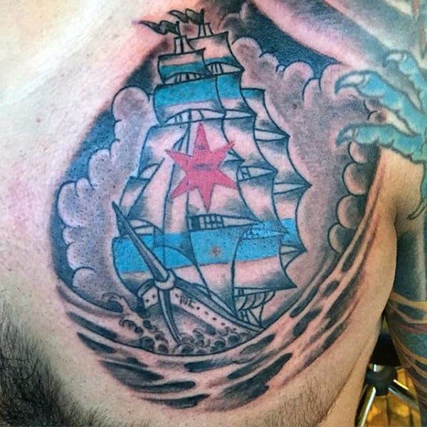 Sailing Ship Mens Chicago Flag Upper Chest Tattoos