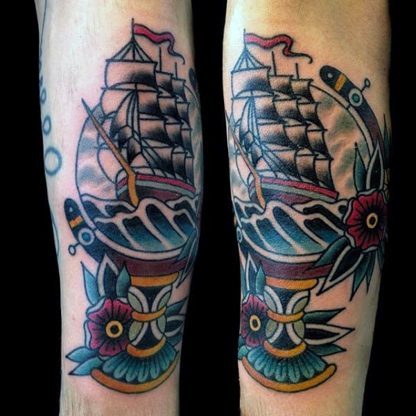Sailing Ship Mens Old School Globe Outer Forearm Tattoos