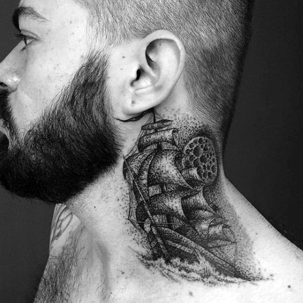 Sailing Ship Mens Pointillism Neck Tattoos