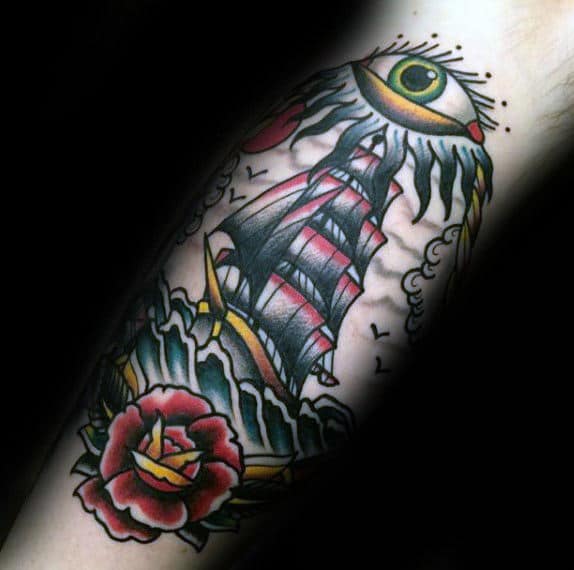 Sailing Ship Nautical Mens Eye Traditional Leg Tattoos