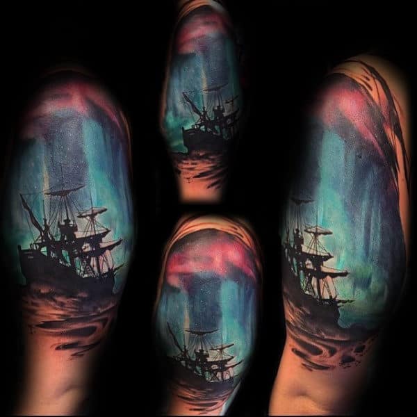 Sailing Ship Northern Lights Half Sleeve Tattoos For Men