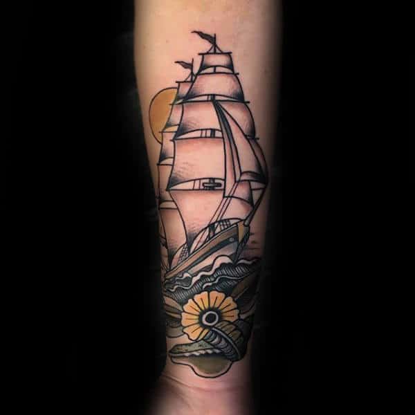 Sailing Ship Old School Tattoo For Men With Seashell