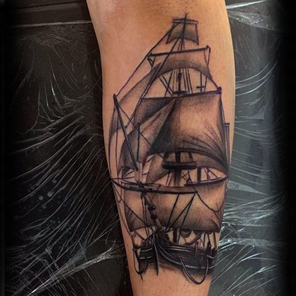 Sailing Ship Realistic Shin Tattoos For Guys