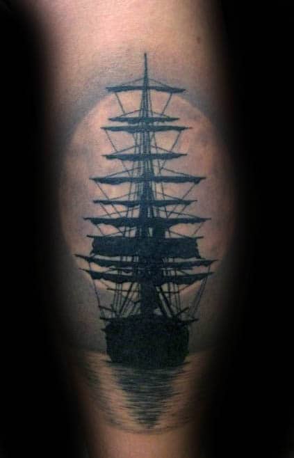 Sailing Ship Silhouette With Moon Mens Leg Calf Tattoo