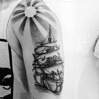 Sailing Ship Sun Ray Tattoo For Guys On Arm