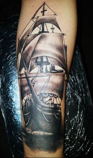 Sailing Ship Tattoo On Man