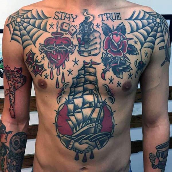 Sailing Ship Traditional Male Chest Tattoos