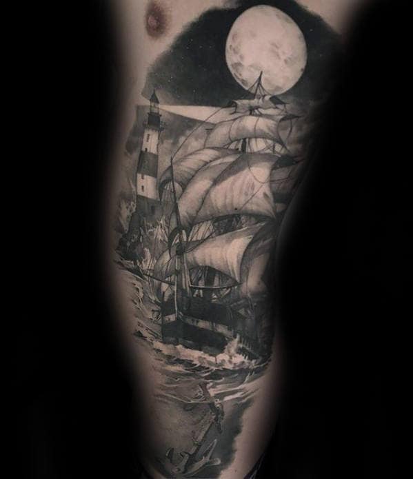 Sailing Ship Under Moonlight Guys Hyper Realistic Rib Cage Side Tattoo