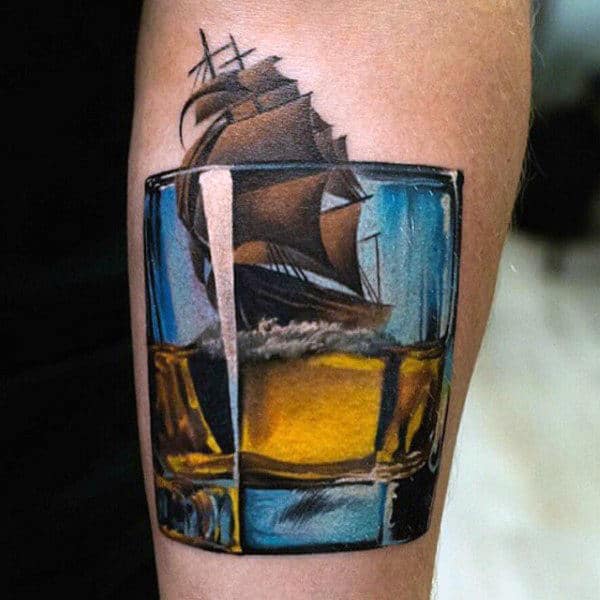 Sailing Ship With 3d Whiskey Glass Guys Jack Daniels Arm Tattoo Ideas
