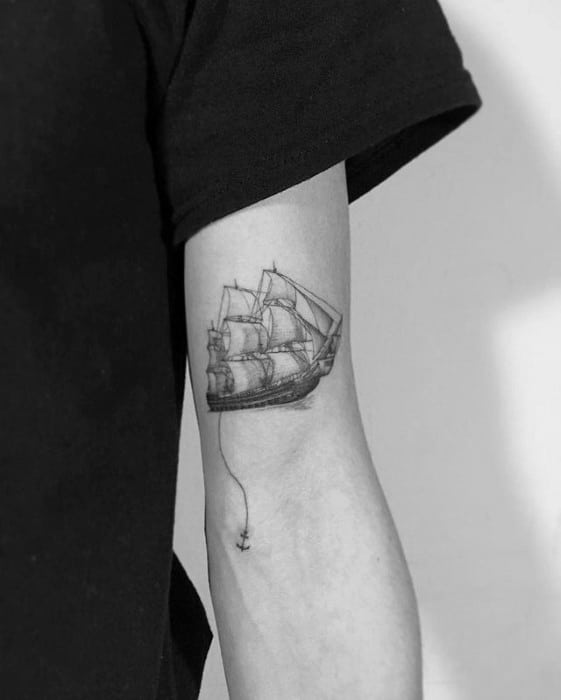 Sailing Ship With Anchor Mens Small Detailed Arm Tattoo Ideas
