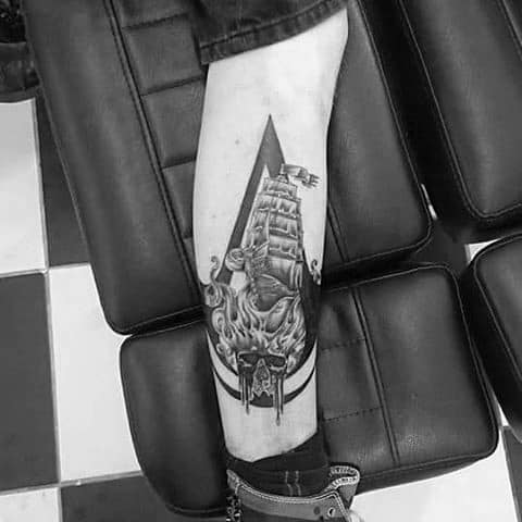 Sailing Ship With Assassins Creed Letter A Mens Side Of Leg Tattoo Ideas