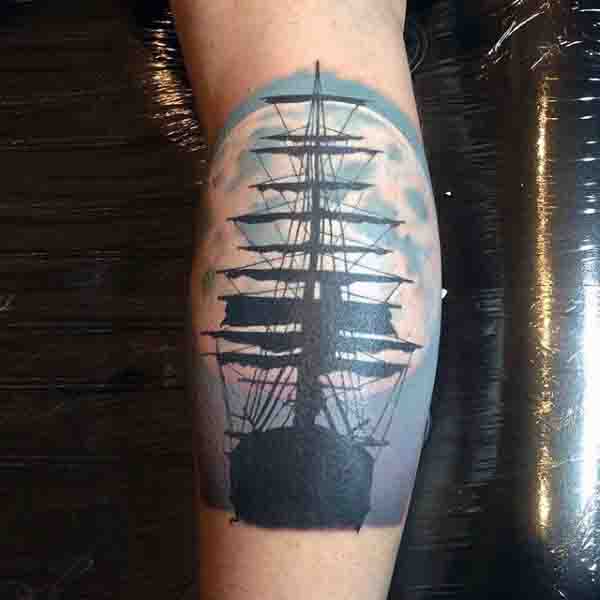 Sailing Ship With Blue Moon Background Tattoo On Leg Calf For Men