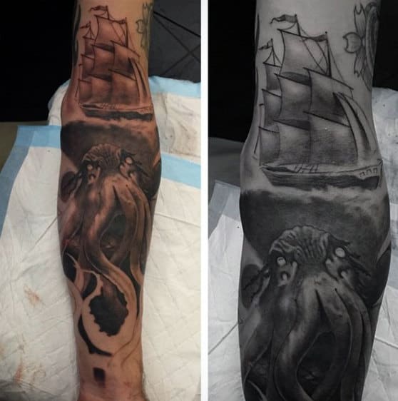 Sailing Ship With Cthulhu Underwater Mens Full Sleeve Tattoo