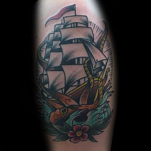 Sailing Ship With Flower And Traditional Octopus Mens Arm Tattoos