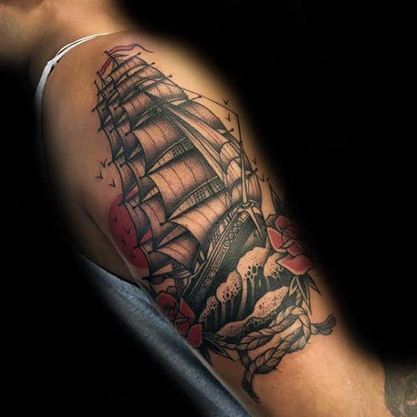 Sailing Ship With Knot Arm Tattoos For Guys