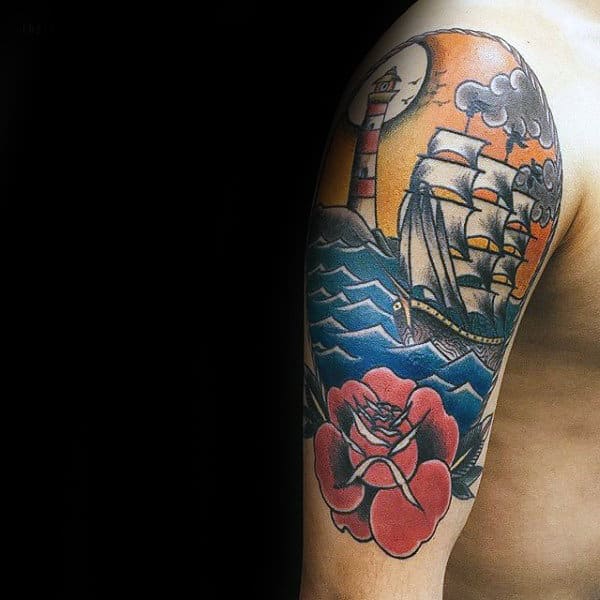 Sailing Ship With Lighthouse And Rose Mens Traditional Arm Tattoo