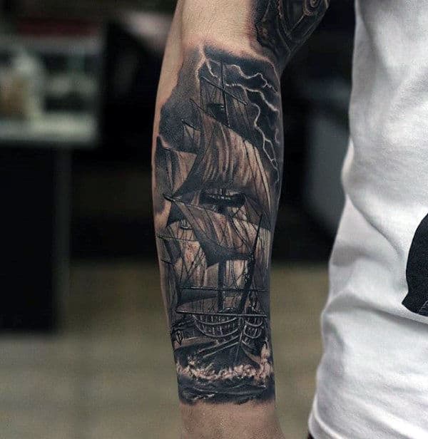 Sailing Ship With Lighting Detailed Forearm Sleeve Tattoos For Men