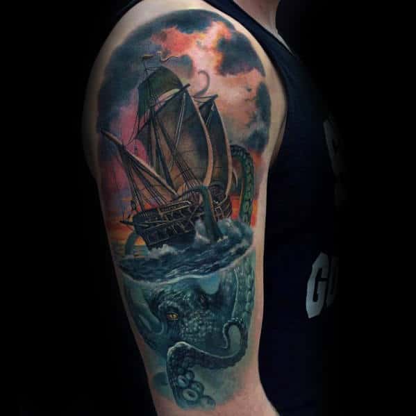 Sailing Ship With Octopus Underwater Mens 3d Realistic Arm Tattoos