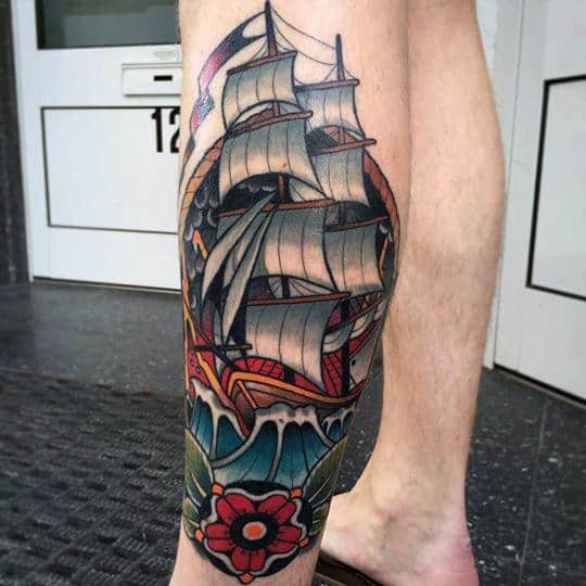 Sailing Ship With Red Flower Male Side Of Leg Traditional Tattoos