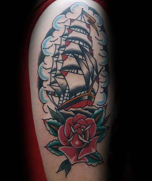 Sailing Ship With Red Rose Traditional Arm Tattoo Ideas For Guys