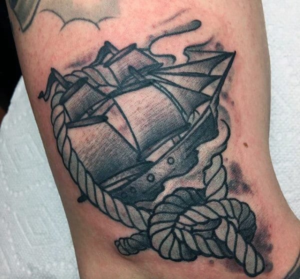 Sailing Ship With Rope Mens Old School Arm Tattoos