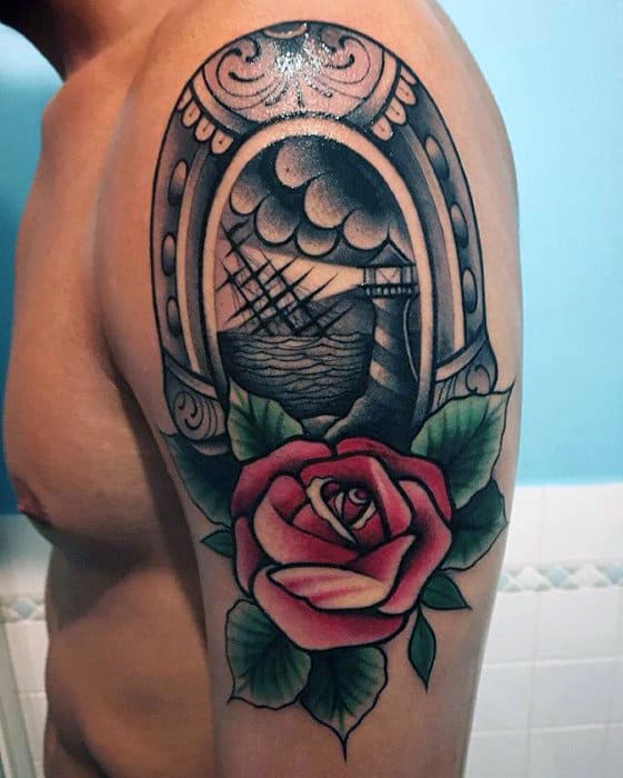 Sailing Ship With Rose Flower And Horseshoe Mens Traditional Arm Tattoo