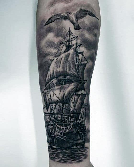Sailing Ship With Seagull Mens Forearm Sleeve Tattoos