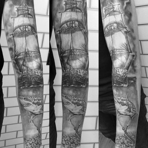 Sailing Ship With Shark Mens Heavily Shaded Black And Grey Sleeve Tattoo
