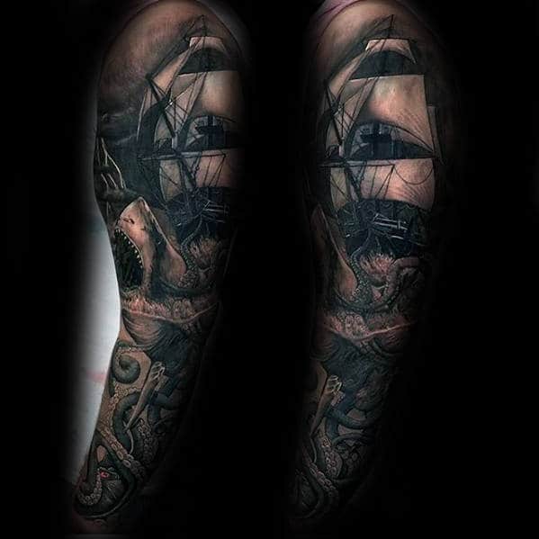 Sailing Ship With Shark Sweet Tattoo Full Sleeve