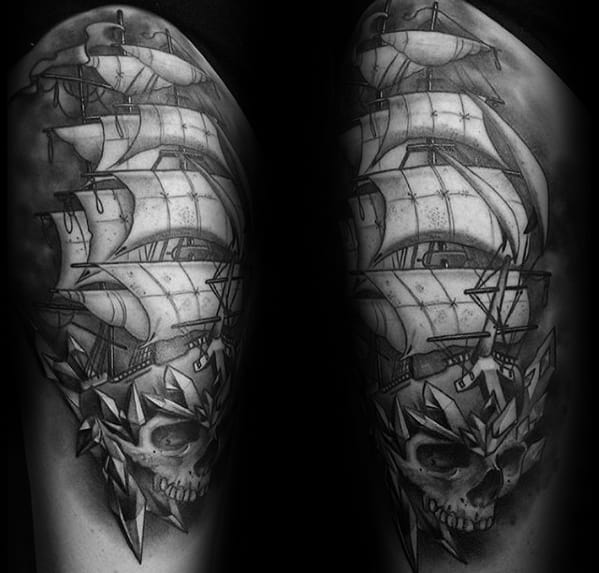 Sailing Ship With Skull And Crystals Guys Shaded Thigh Tattoos