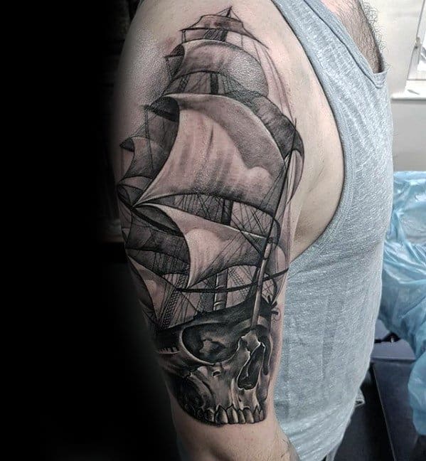 Sailing Ship With Skull Shaded Black And Grey Half Sleeve Incredible Tattoos For Males