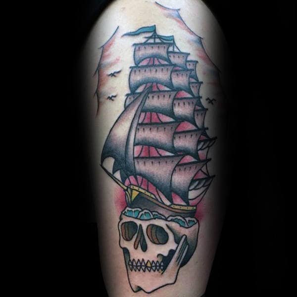 Sailing Ship With Skull Traditional Mens Arm Tattoos