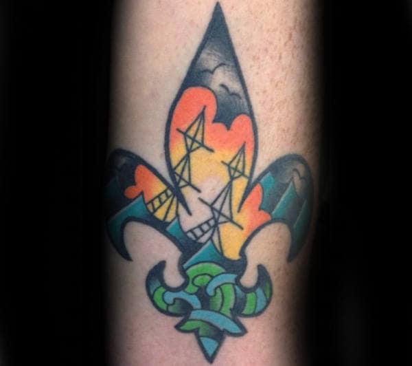 Sailing Ship With Sunset Mens Fleur De Lis Forearm Tattoo