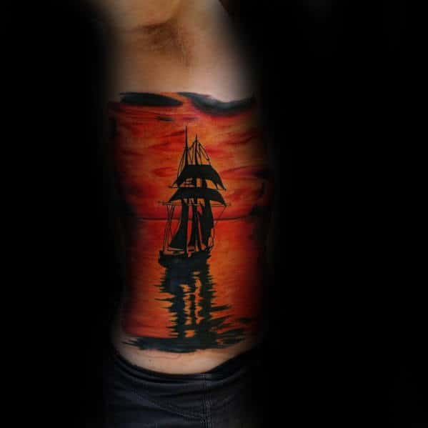 Sailing Ship With Sunset Unusual Full Rib Cage Side Tattoos For Men