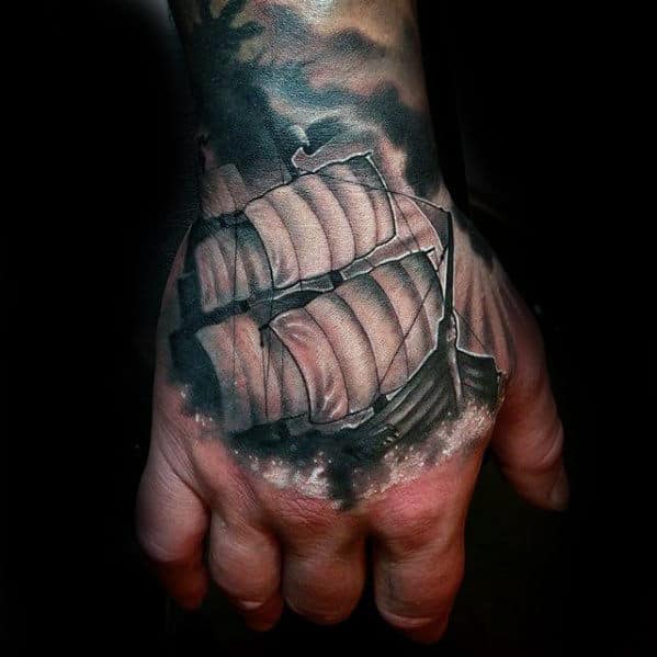 Sailing Ship With White And Grey Ink Guys 3d Hand Tattoo