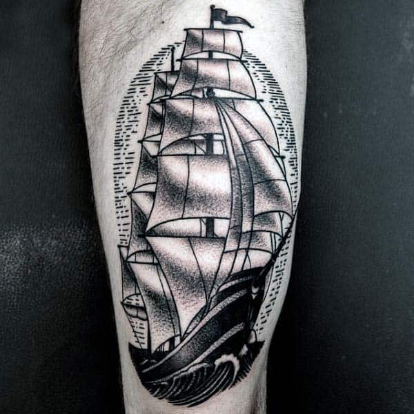 Sailing Ship Woodcut Mens Leg Tatoto