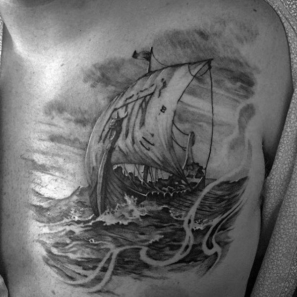 Sailing Viking Ship Badass Chest Tattoos For Men