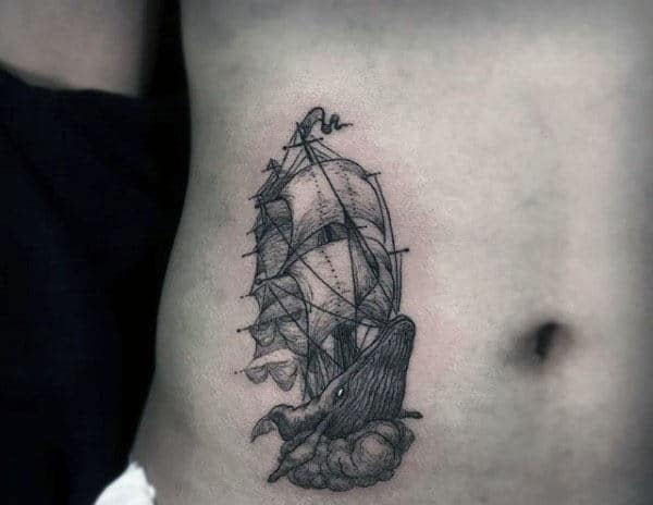 Sailing Whale Mens Hip Rib Cage Side Tattoo