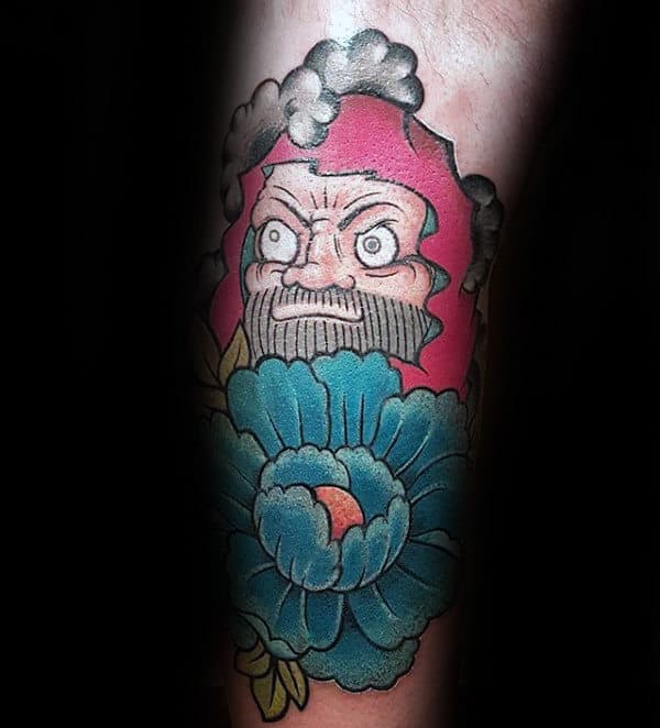 Sailor Blue Peony Mens Inner Forearm Tattoos