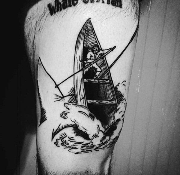 Sailor In Sinking Boat Guys Whale Thigh Tattoo