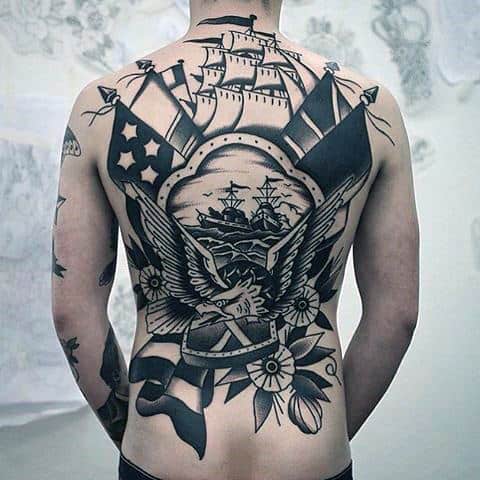 Sailor Jerry Awesome Mens Back Tattoos With Ship And Eagle